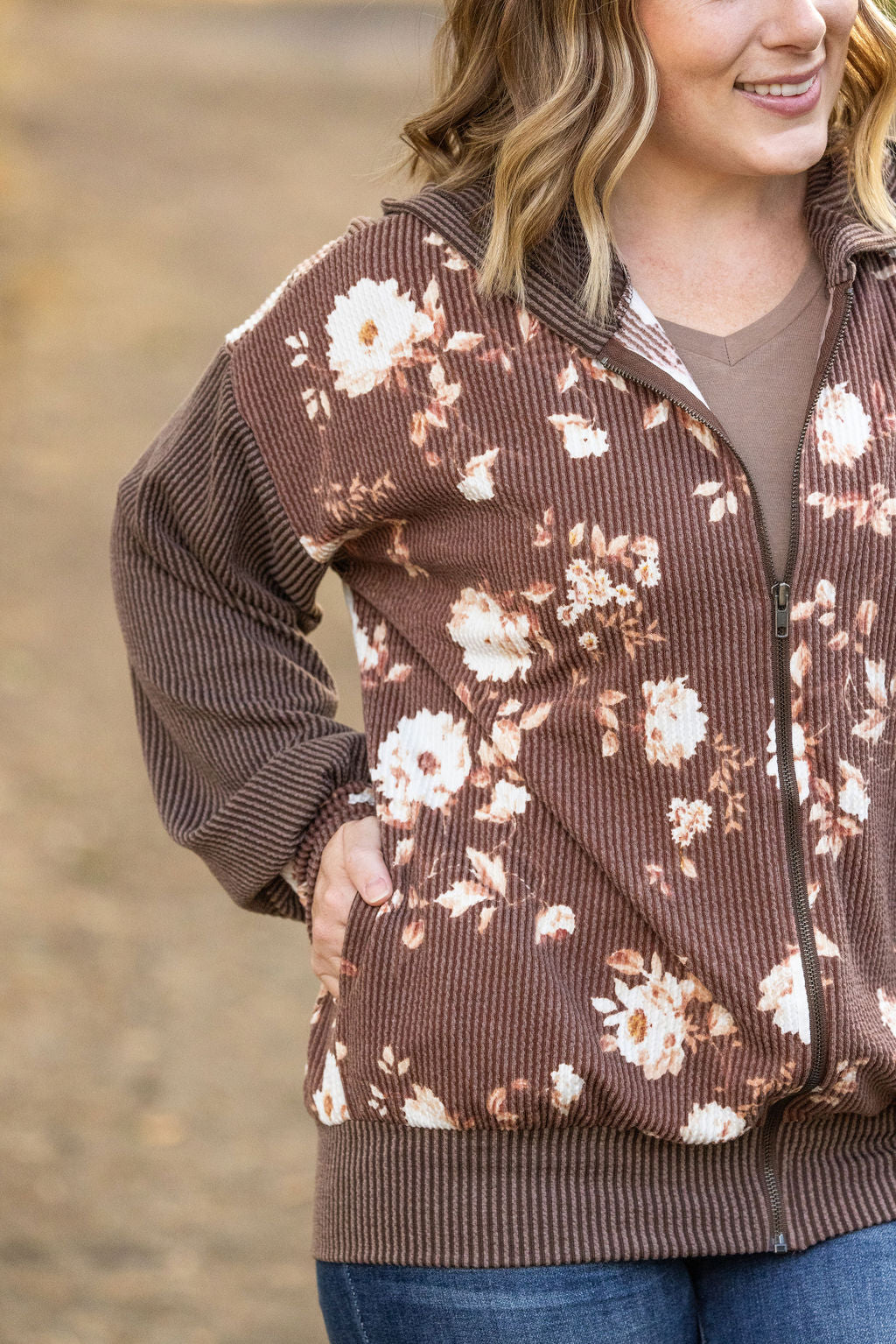 Ramona Ribbed Floral Zip Up - Brown