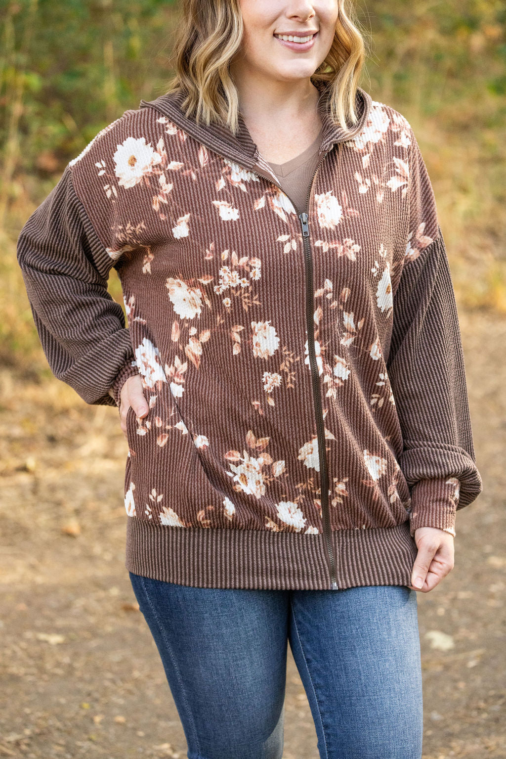 Ramona Ribbed Floral Zip Up - Brown