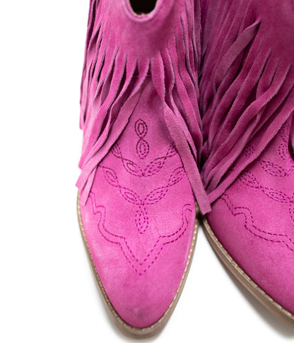 Amos Fringe Ankle Bootie in Magenta Suede