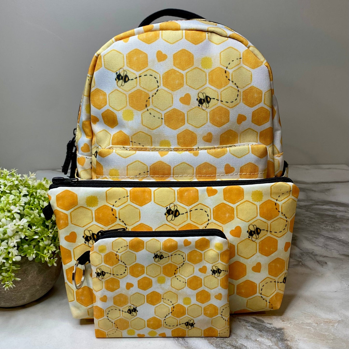Mini Backpack, Pouch, & Mini Pouch Bundled Set - Honeycomb Bee Hearts