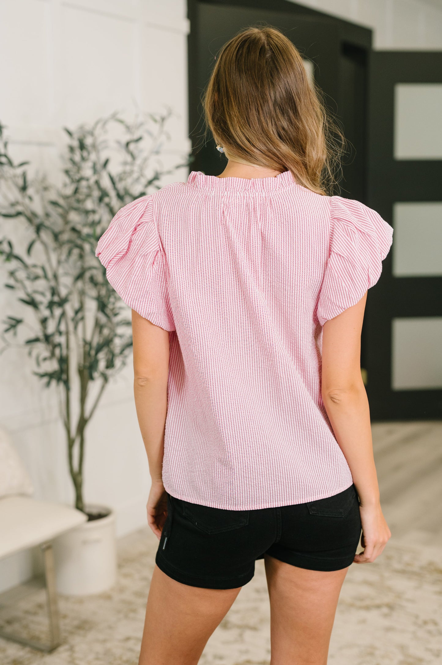 Beauty & Brains Textured Split Neck Blouse