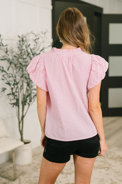 Beauty & Brains Textured Split Neck Blouse