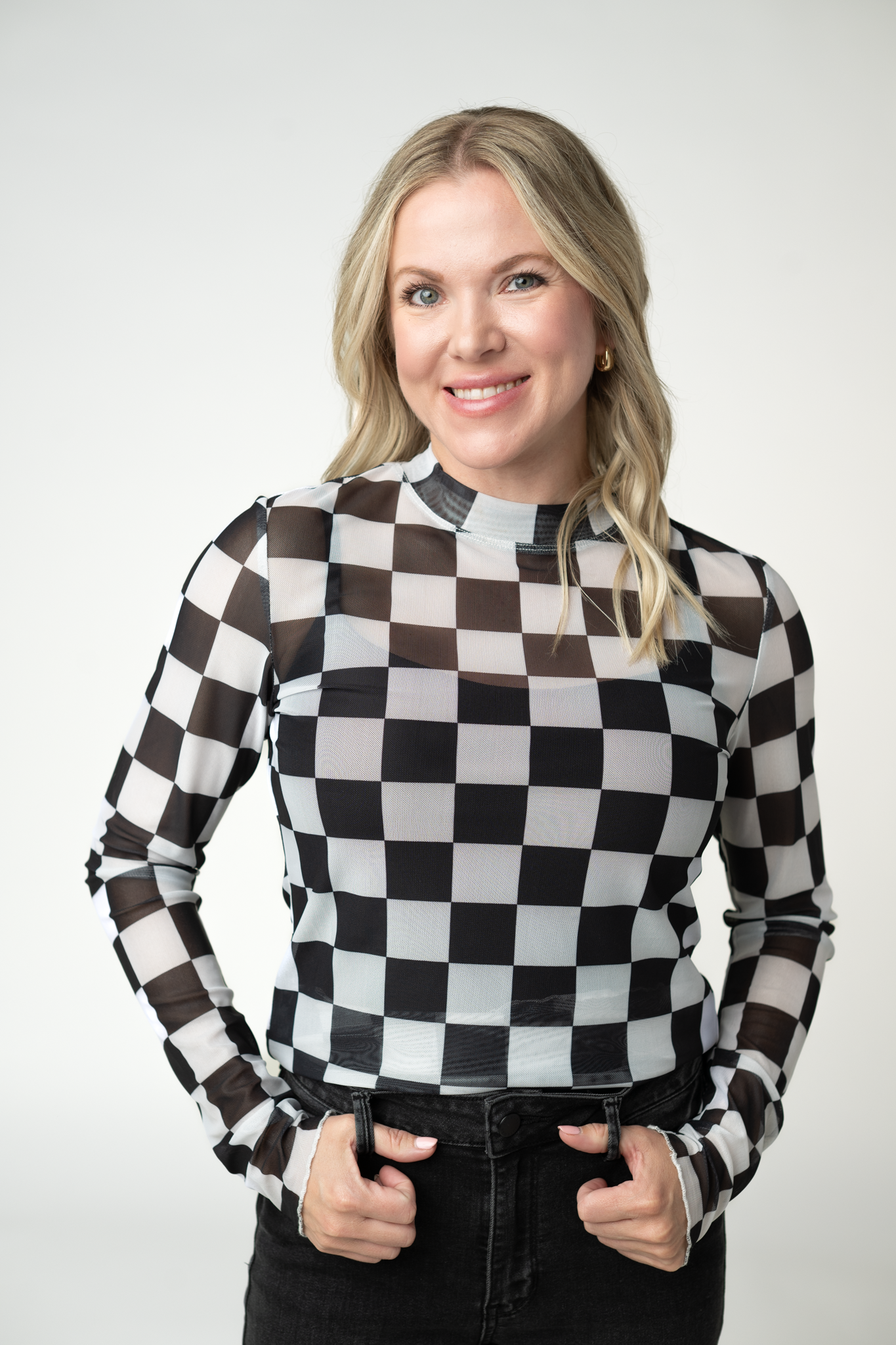 Blair Mesh Long Sleeve Top - Black and White Checkers