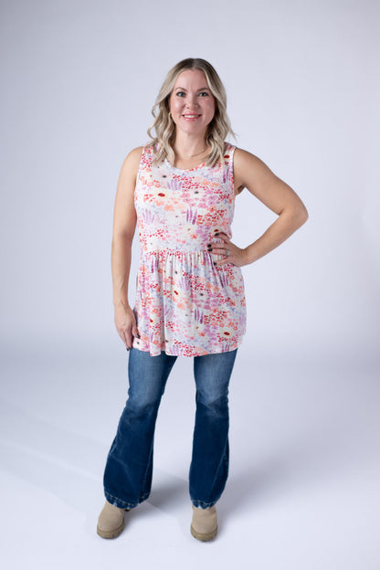 Renee Ruffle Tank Top - Coral Sunset Floral