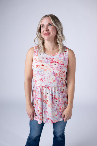 Renee Ruffle Tank Top - Coral Sunset Floral