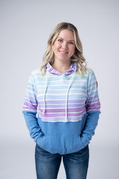 Hailey Pullover Hoodie - Rainbow Stripes and Blue