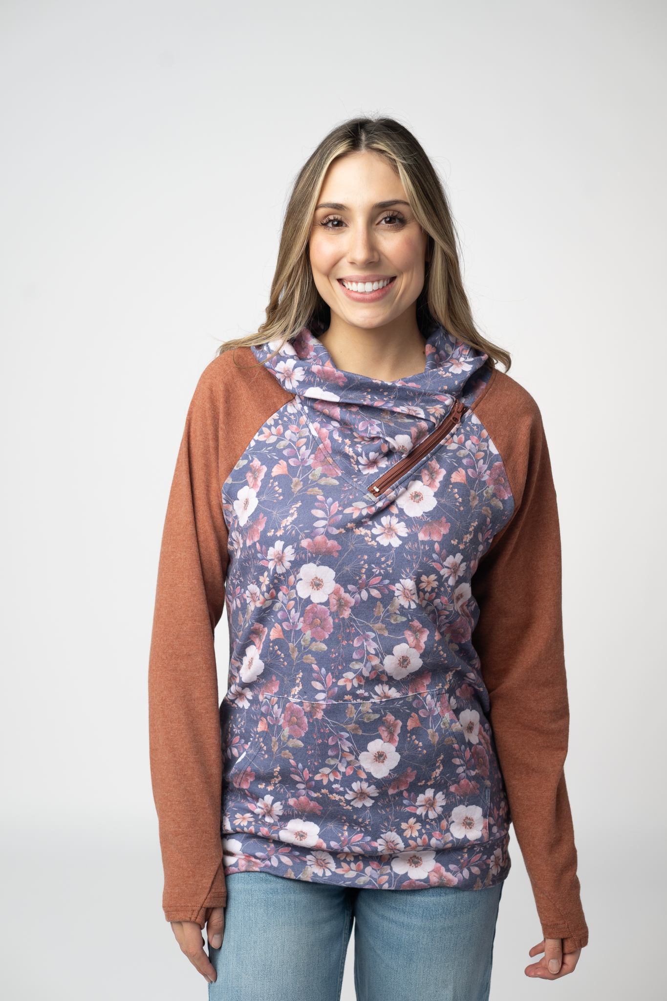 Classic Zoey ZipCCowl Sweatshirt - Blushwood Floral and Terra Cotta