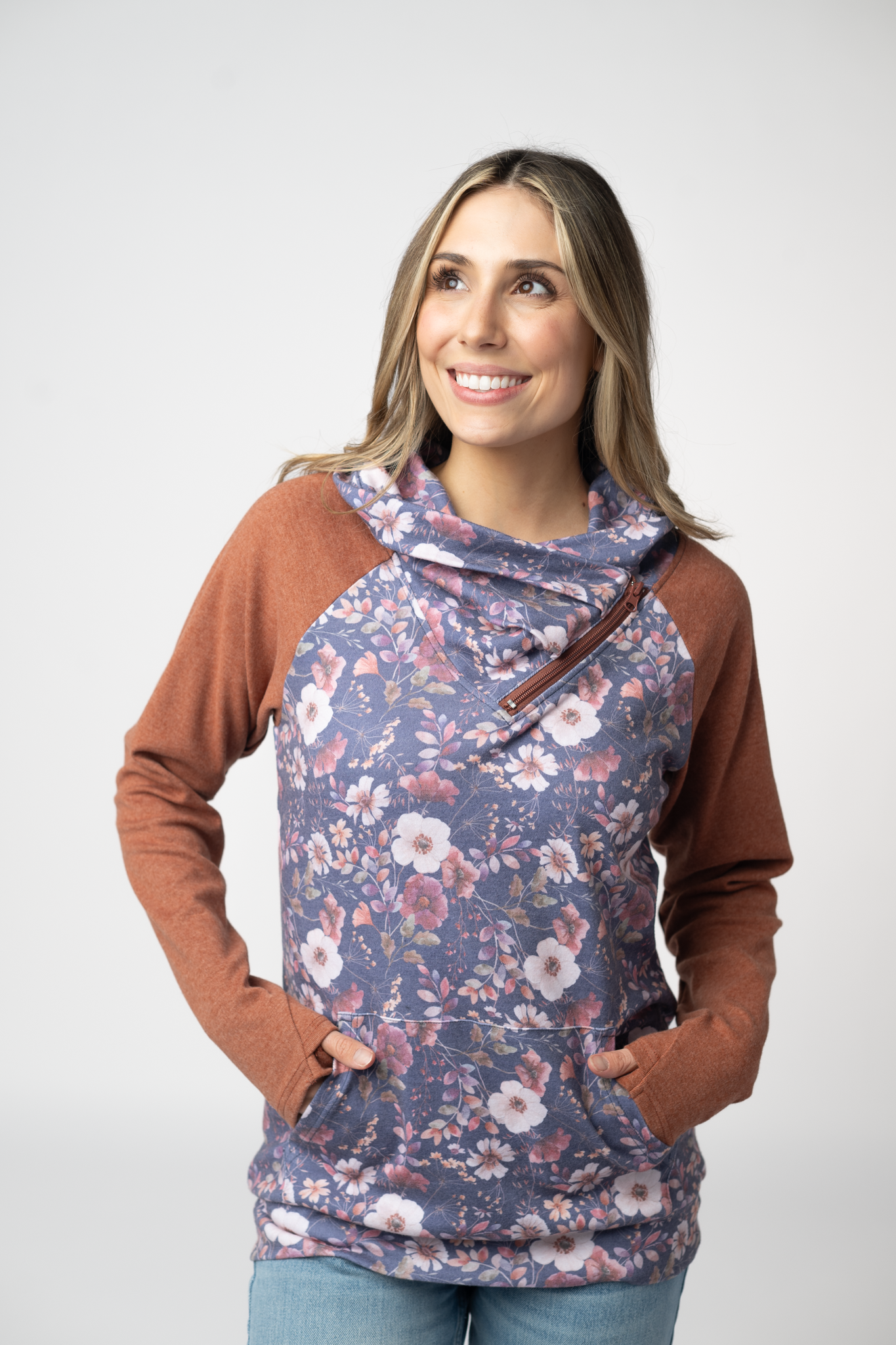 Classic Zoey ZipCCowl Sweatshirt - Blushwood Floral and Terra Cotta