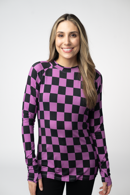 Blair Long Sleeve Top - Black and Purple Checkers