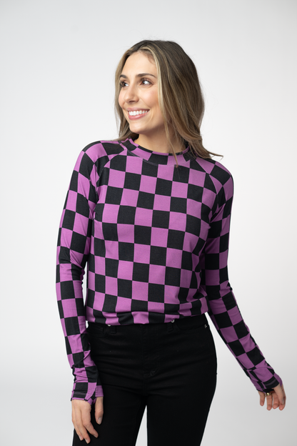 Blair Long Sleeve Top - Black and Purple Checkers