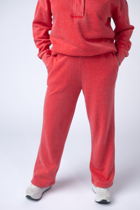 Wide Leg Vintage Wash Bottoms - Red