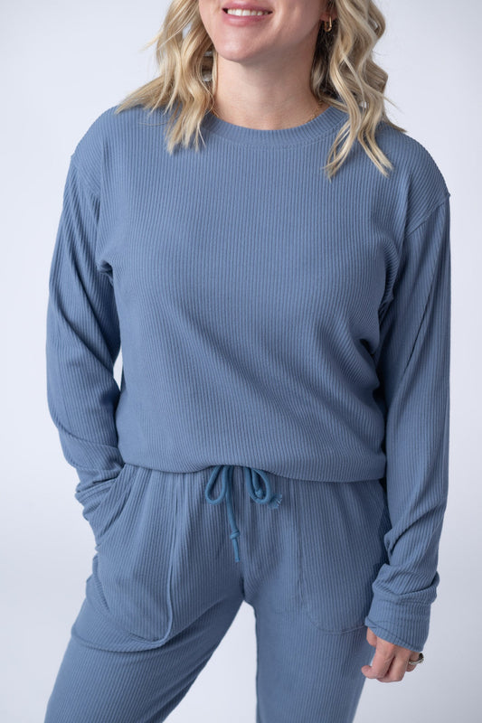 Corrine Ribbed Pullover Top - Denim