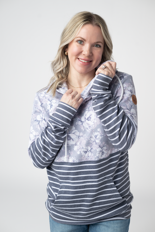 Hailey Pullover Hoodie - Vintage Grey Floral and Stripes