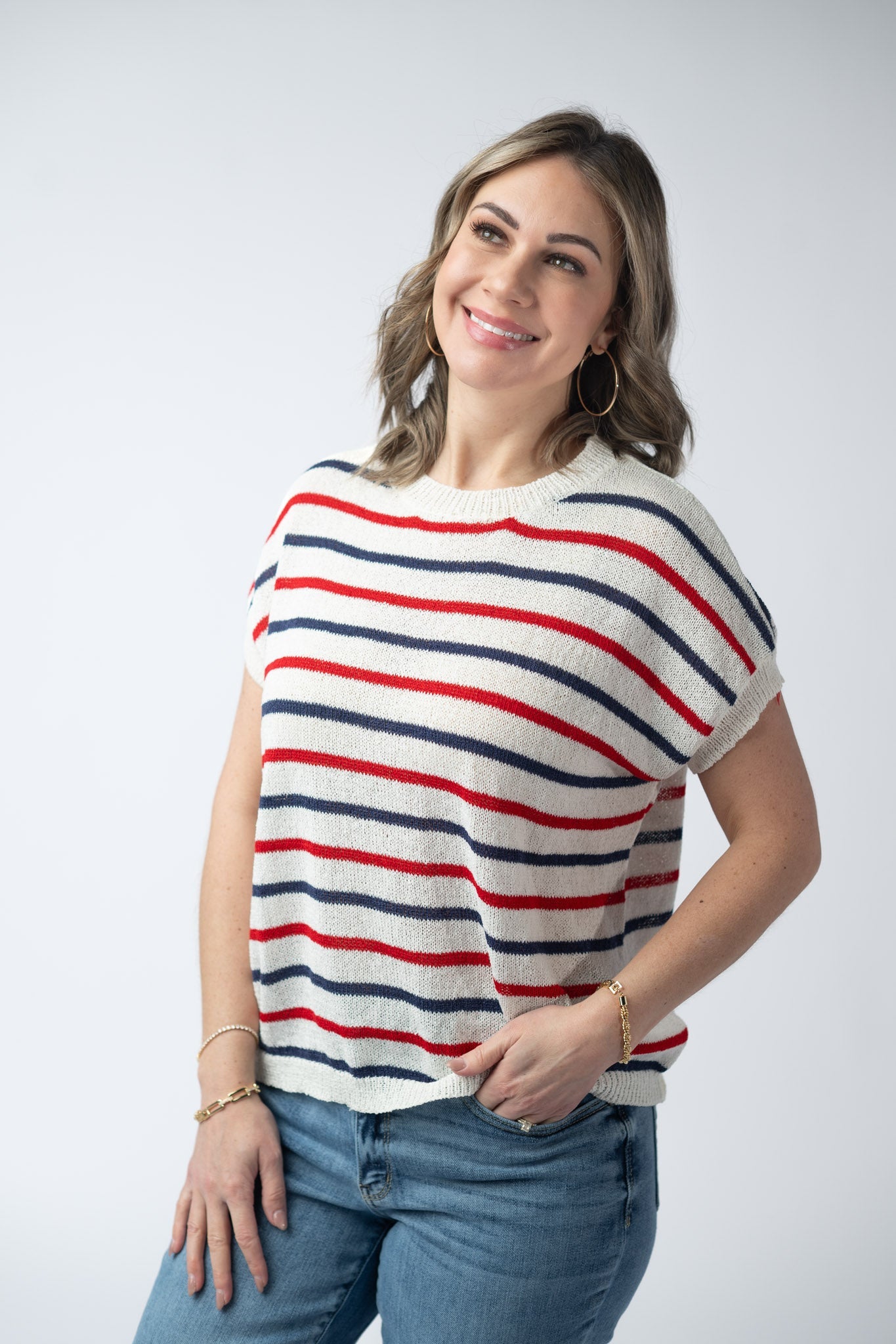 Red, White, and Blue Stripes Open Knit Top