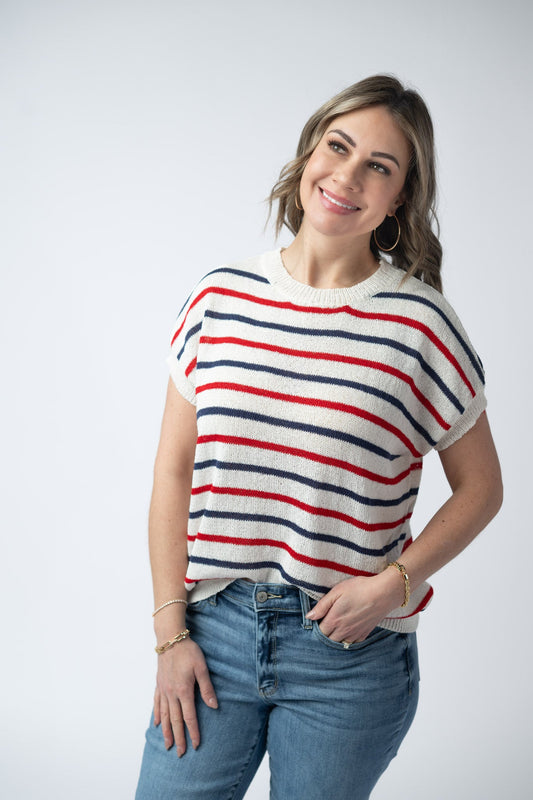 Red, White, and Blue Stripes Open Knit Top