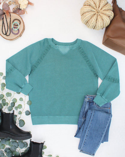 Lace Accent Vintage Wash Pullover - Teal