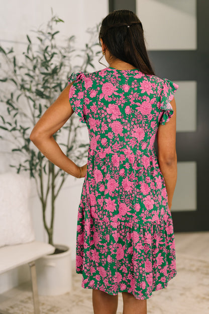 Lizzy Forever Flutter Sleeve Dress in Green and Pink Floral