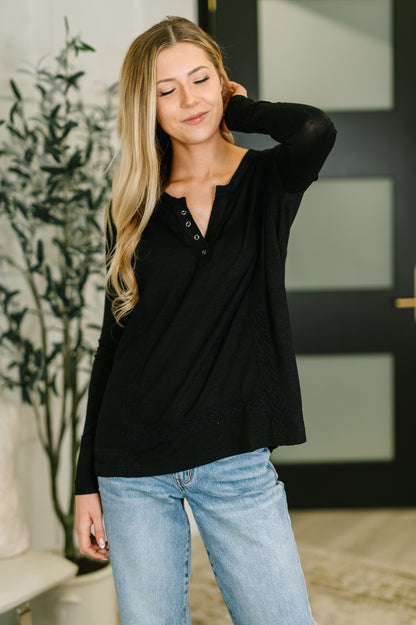 Never Been So Sure Lace Accent Henley Top in Black