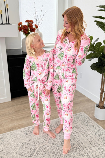 Matching LS Jogger PJ Set -#5-Pink Santa