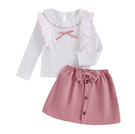 Ribbed White Pink Button Skirt Set-PREORDER