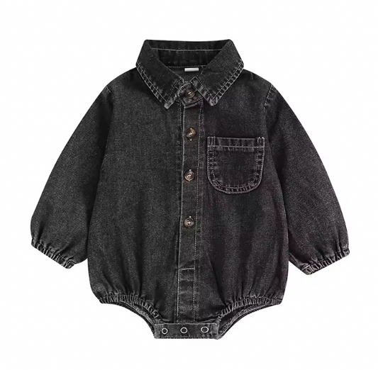 Black Denim Collared Romper READY TO SHIP