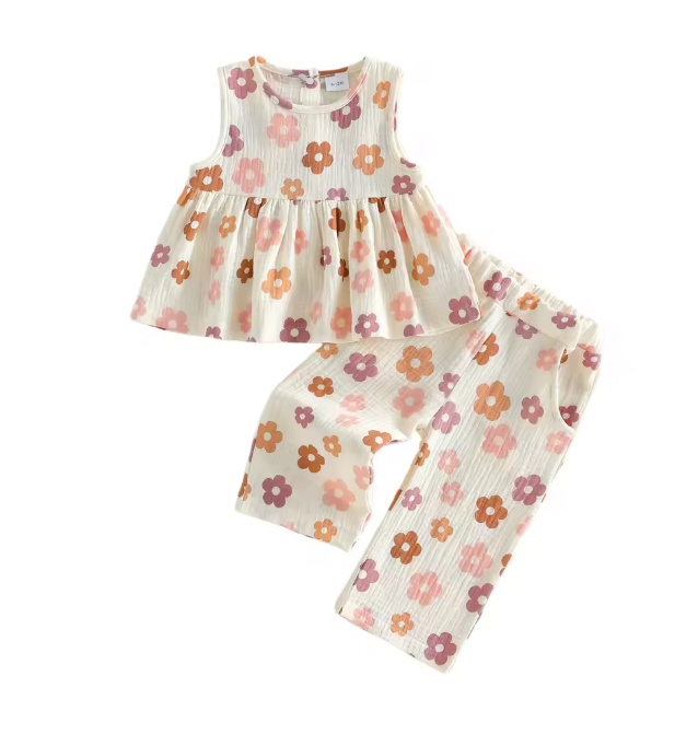 Neutral Floral Linen Flower Pant Set -PREORDER