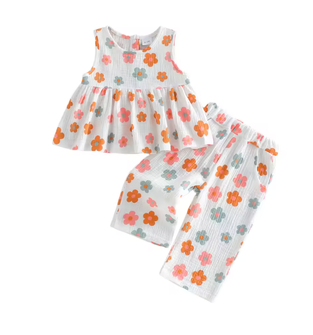 Bright Floral Linen Flower Pant Set-PREORDER