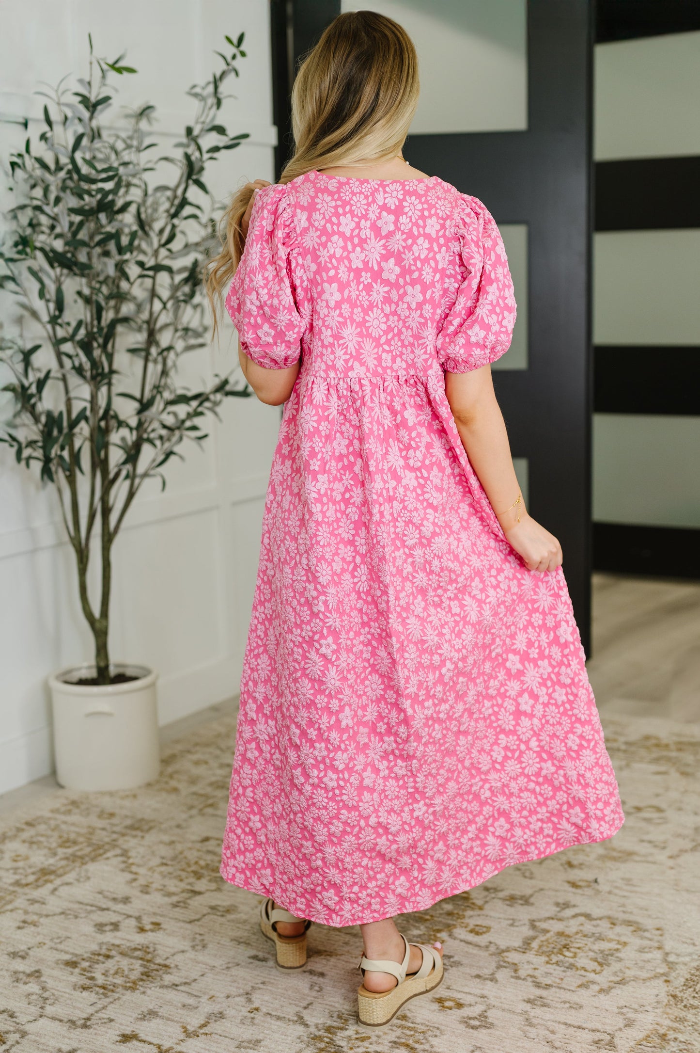 Softly Spoken Textured V-Neck Dress in Hot Pink