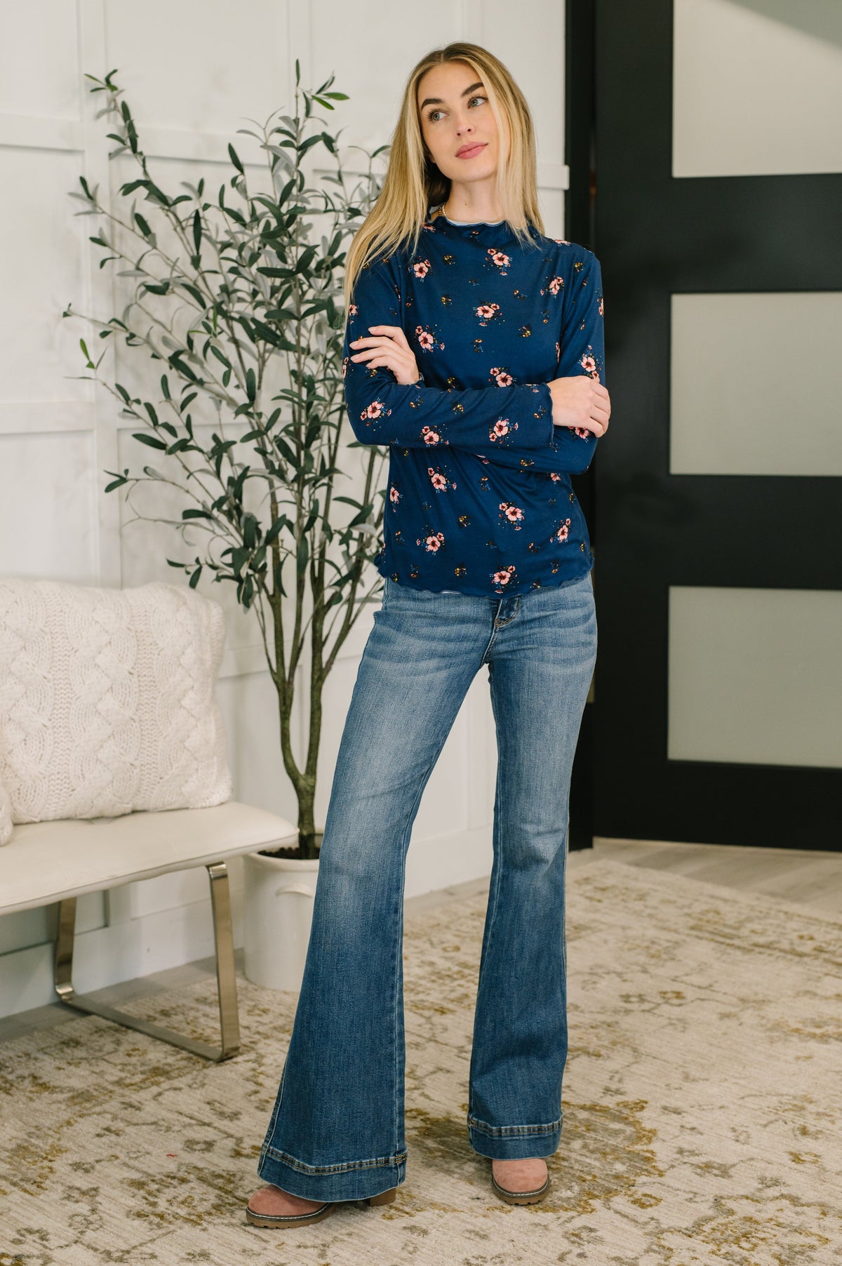 Something in the Air Lettuce Hem Longsleeve Top in Navy