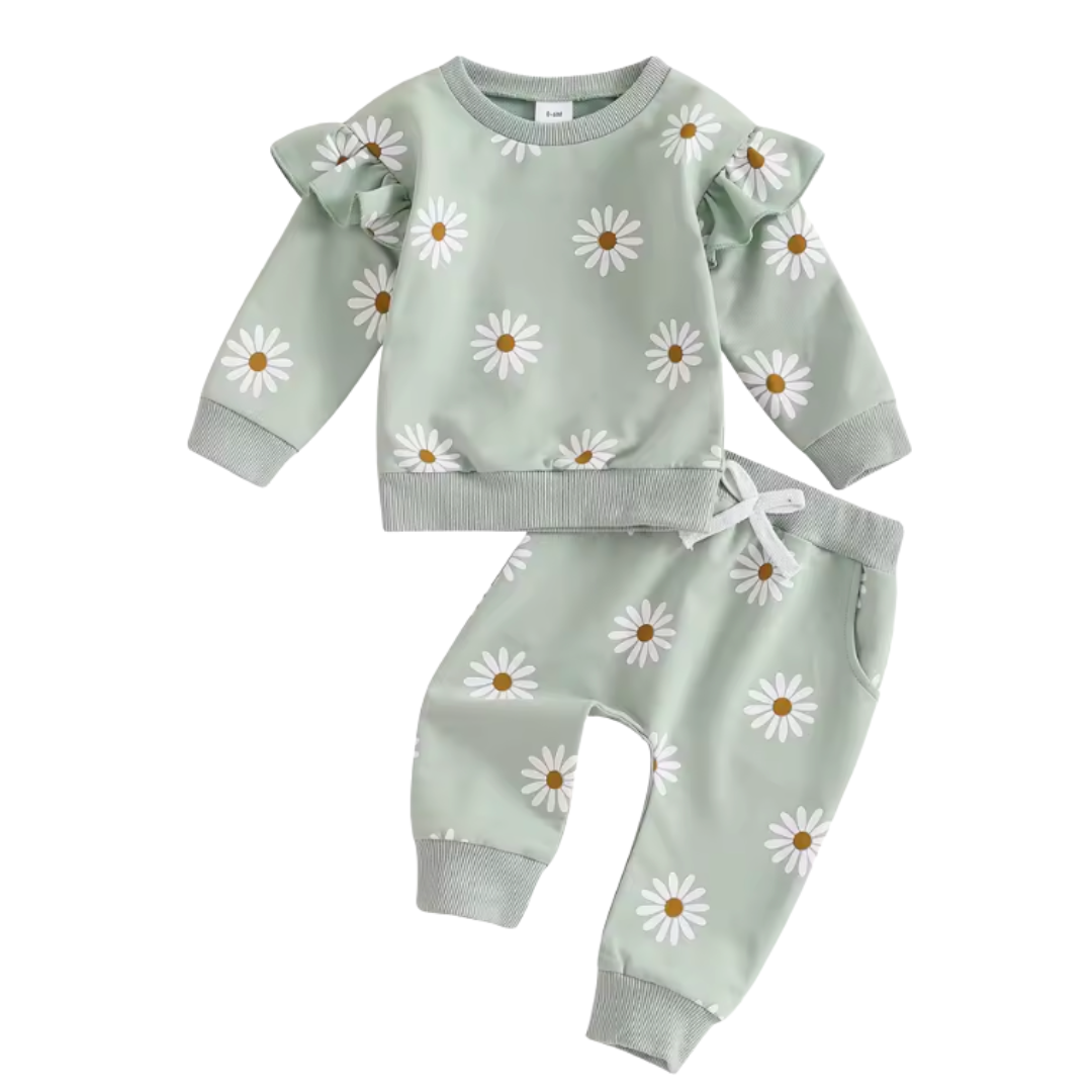 Green Daisy Ruffle Sleeve Lounge Set-PREORDER