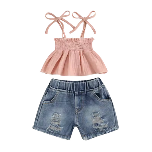 Pink Tied Sleeve Distressed Denim Short Set-PREORDER