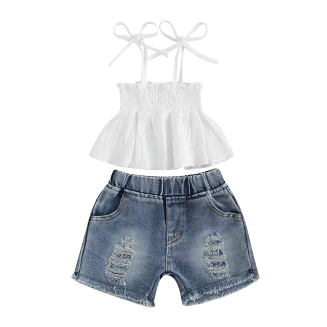 White Tied Sleeve Distressed Denim Short Set-PREORDER