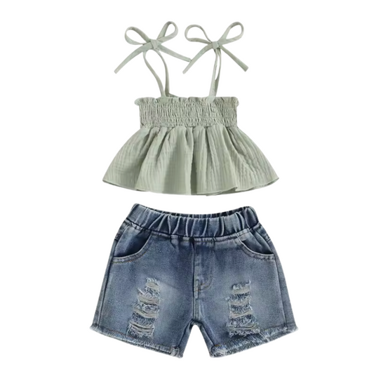 Sage Tied Sleeve Distressed Denim Short Set-PREORDER