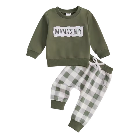 Embroidered Mama's Boy Plaid Green Lounge Set-PREORDER