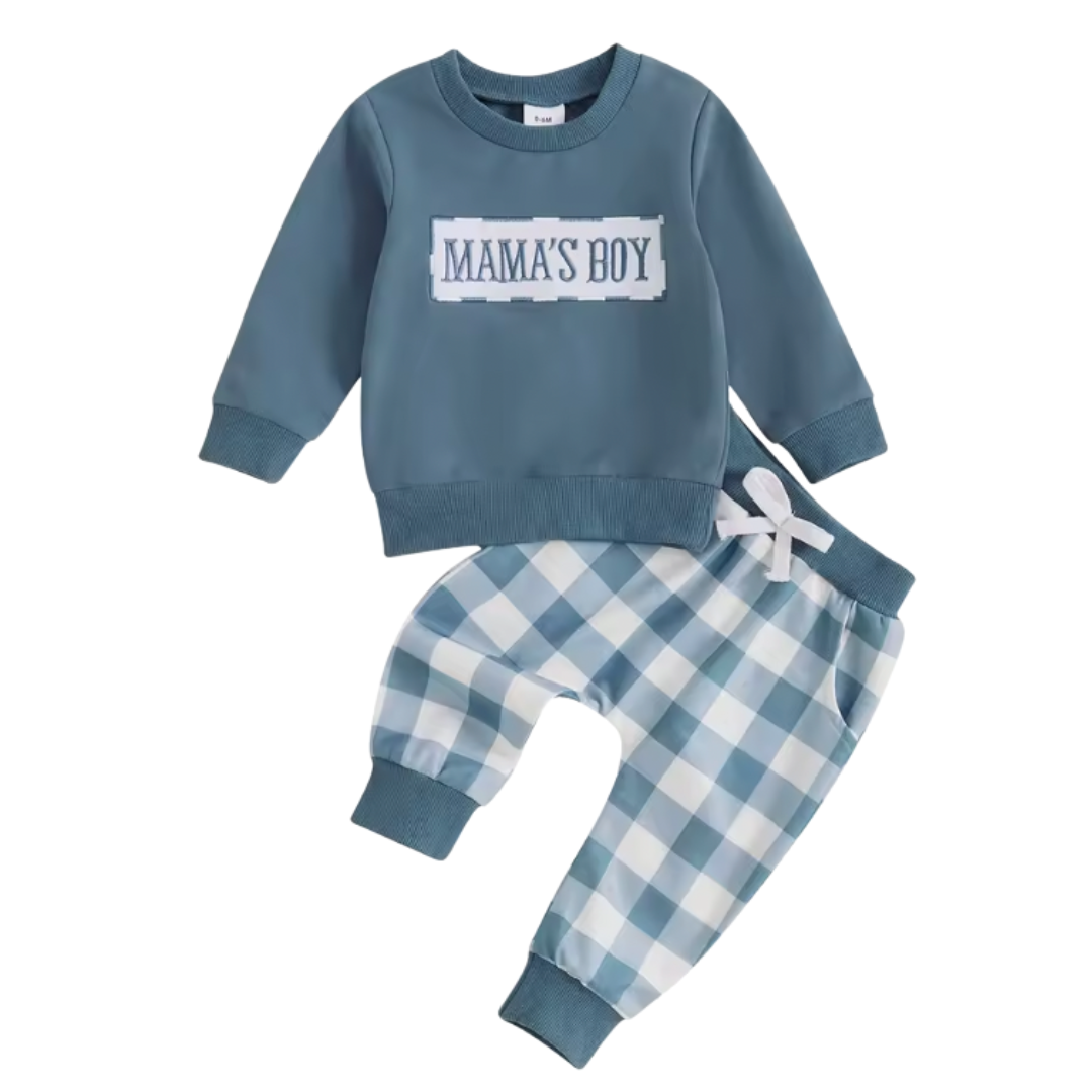 Embroidered Mama's Boy Plaid Blue Lounge Set-PREORDER