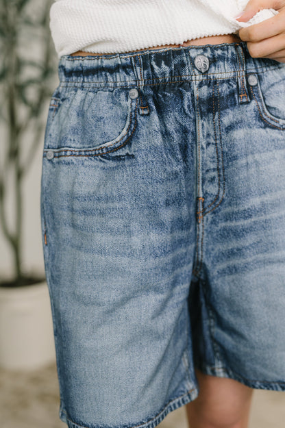 Zenim Printed High Waisted Shorts in Classic Denim