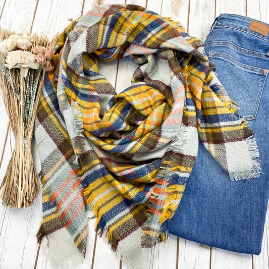 Blanket Scarf - Mustard and Blue Plaid