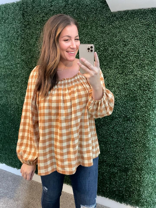 One Fine Afternoon Gingham Plaid Top In Caramel