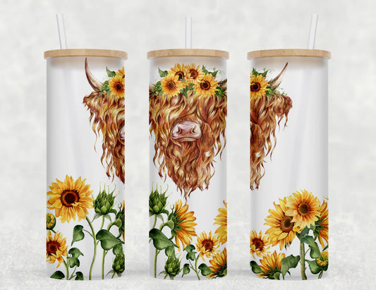 Highland Cow & Sunflower Tall Glass Bamboo Tumbler