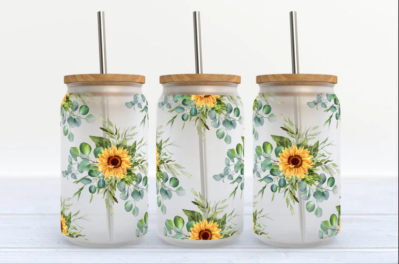 Sunflower Greenery Glass Bamboo Tumbler