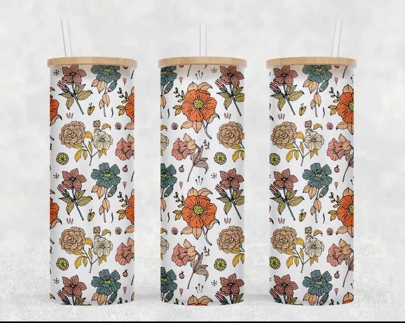 Retro Floral Tall Glass Bamboo Tumbler