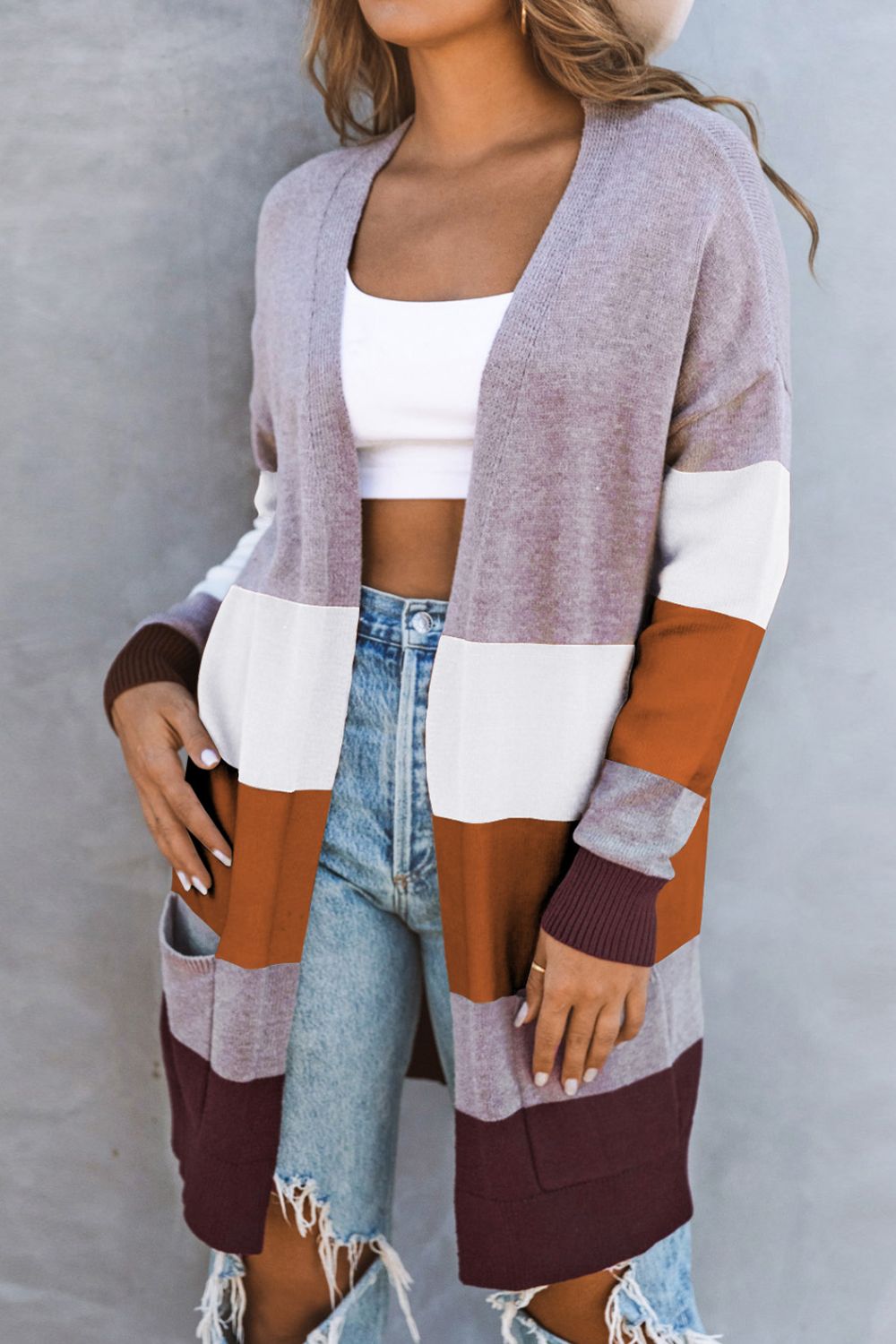 Color Block Ribbed Cuff Cardigan with Pockets