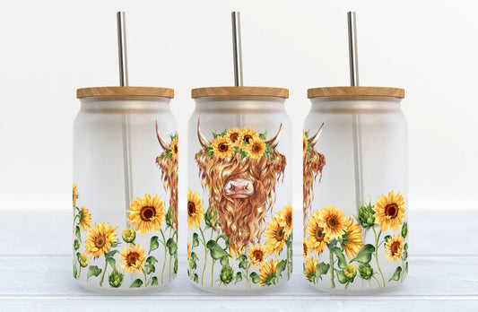 Highland Cow Sunflower Glass Bamboo Tumbler