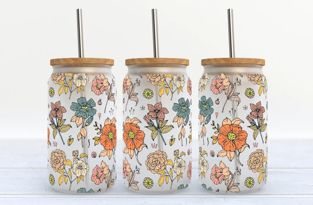 Retro Floral Glass Bamboo Tumbler